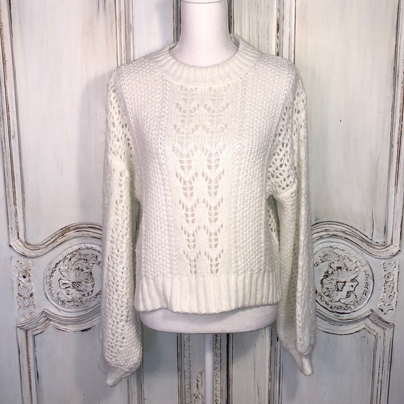 ASOS Crew Neck Long Bell Sleeves Cropped Open Knit White Popover Sweater Size 4 - Picture 1 of 11